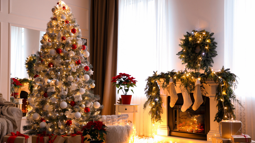 Chic New Year Tree in Beautiful Room Zoom Background tervezősablon