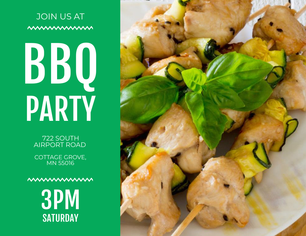 Barbecue Party Invitation with Grilled Chicken Kebab Flyer 8.5x11in Horizontal Tasarım Şablonu
