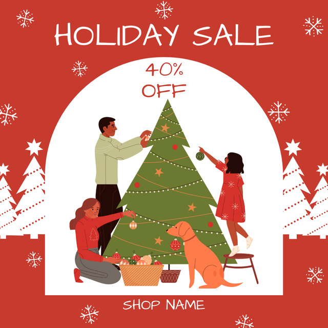 Family Decorating Fir on Christmas Sale Red Instagram AD Design Template