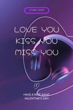 Cute Valentine's Day Greeting with Headphones on Violet Postcard 4x6in Vertical Design Template