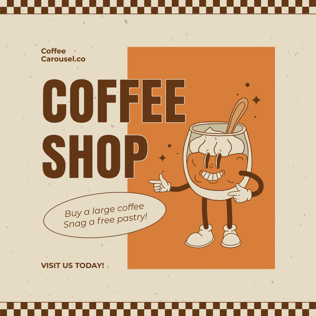 Ontwerpsjabloon van Instagram AD van Beneficial Promo In Coffee Shop With Funny Character