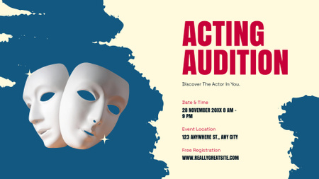 Plantilla de diseño de Anuncio de audición de actuación con máscaras 3D en azul FB event cover 