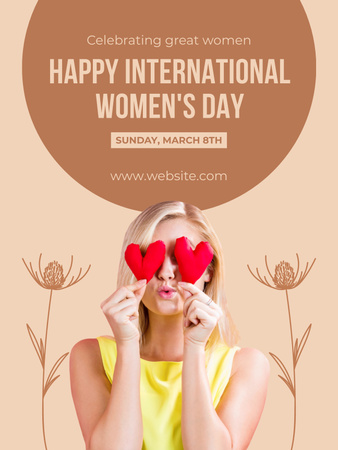 Woman with Red Hearts on International Women's Day Poster US Design Template