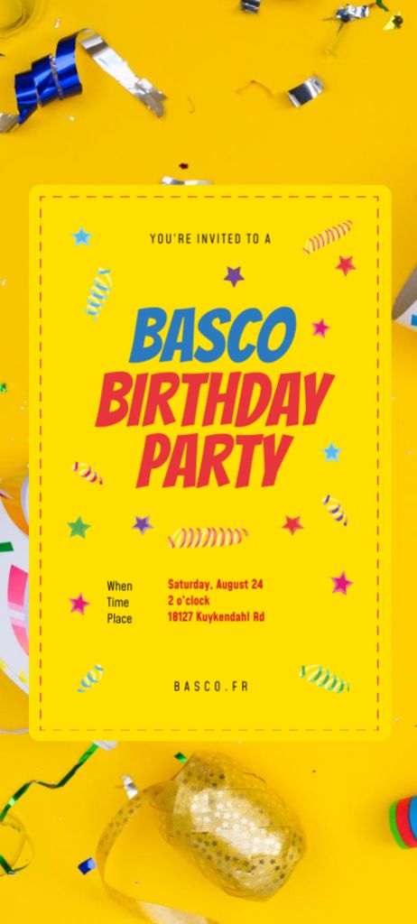 Szablon projektu Birthday Party Alert With Confetti and Ribbons Invitation 9.5x21cm