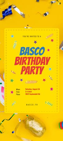 Platilla de diseño Birthday Party Alert With Confetti and Ribbons Invitation 9.5x21cm