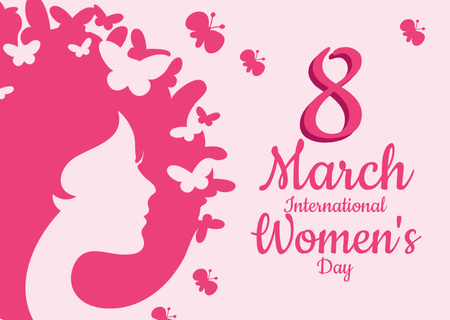 International Women's Day Greeting with Illustration of Woman and Butterflies Card Design Template