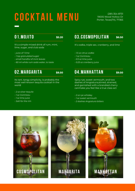 Cocktail Bar Description In Dark Green Menu Tasarım Şablonu