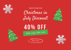 July Christmas Discount Announcement with Snowflake on Red