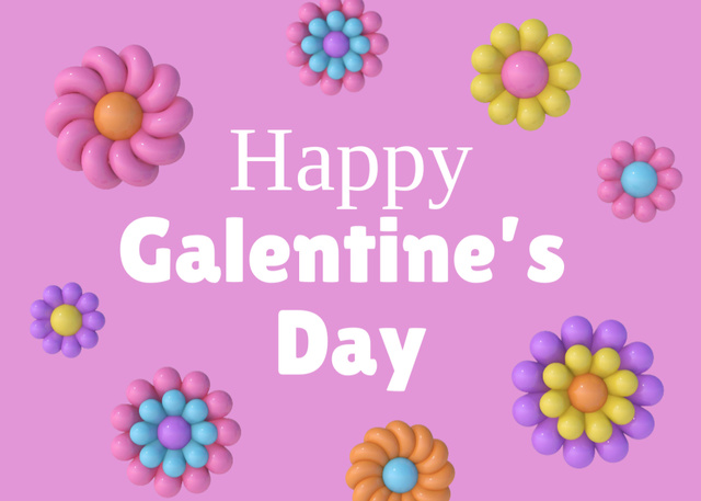 Galentine's Day Greeting with Cute Bright Flowers Postcard 5x7in Design Template