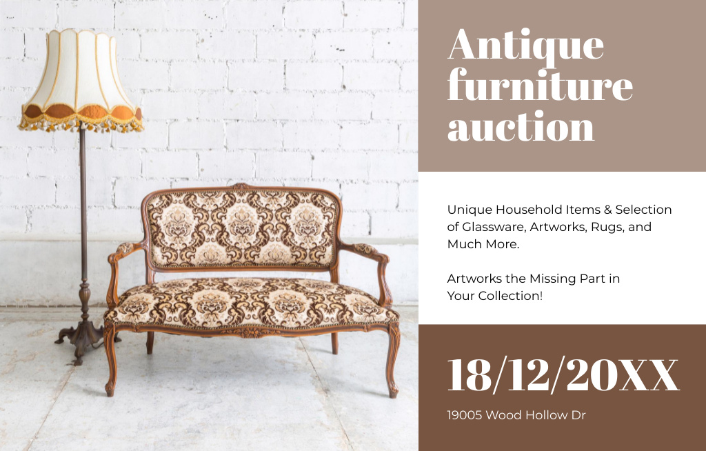 Designvorlage Antique Furniture Auction with Sofa Piece für Invitation 4.6x7.2in Horizontal