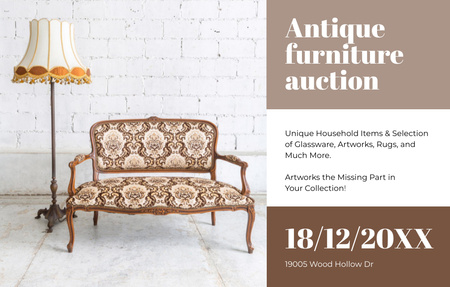 Designvorlage Antique Furniture Auction With Sofa für Invitation 4.6x7.2in Horizontal