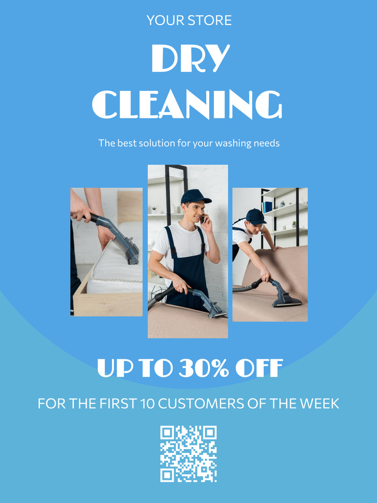 Dry Cleaning Services Ad with Man with Vacuum Cleaner in Room Poster USデザインテンプレート