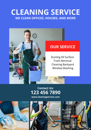 Cleaning Service Ad with Man in Uniform Flyer A5 Tasarım Şablonu