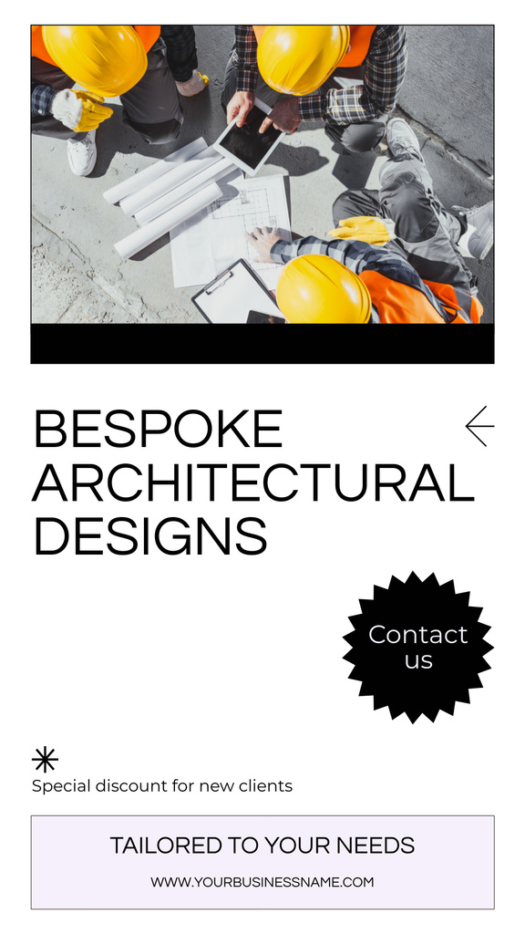 Architectural Designs Ad with Architects working on Blueprints Instagram Story Modelo de Design
