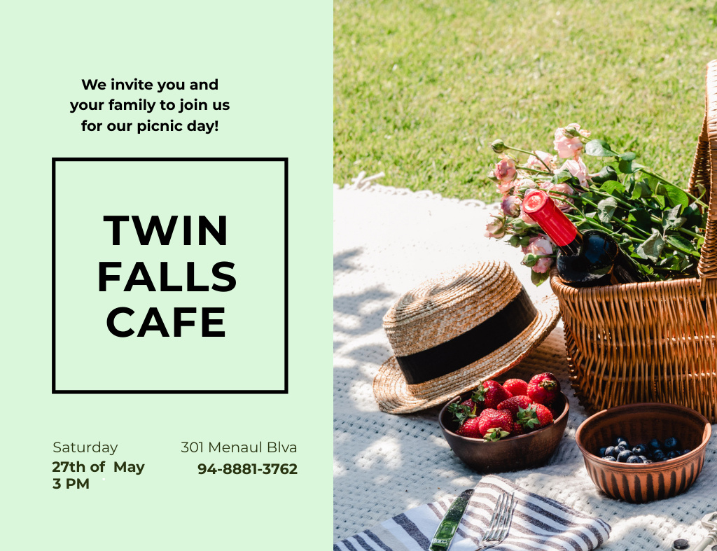 Template di design Cafe Event With Picnic Basket On Lawn Invitation 13.9x10.7cm Horizontal