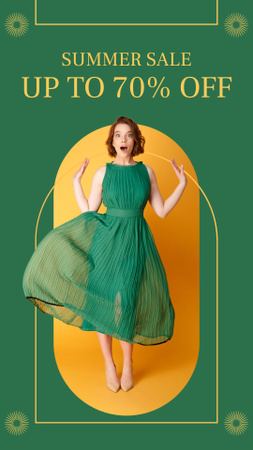 Summer Sale Announcement with Woman in Green Dress Instagram Story tervezősablon