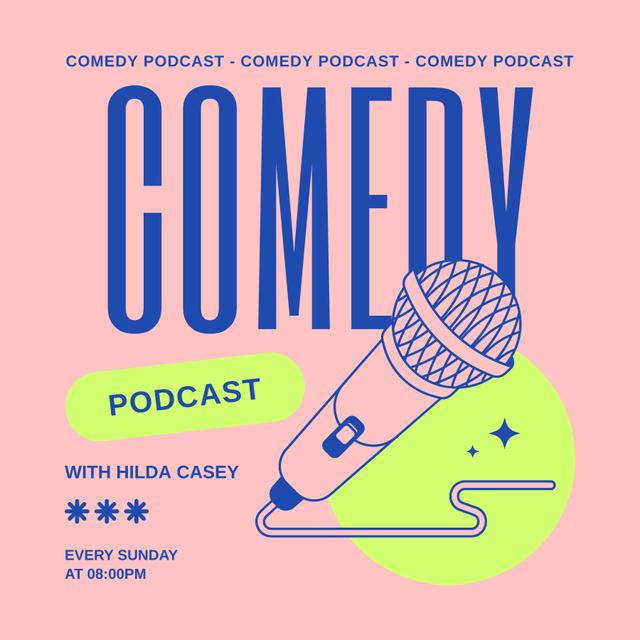 Comedy Podcast Promo with Illustration of Microphone Podcast Cover Design Template