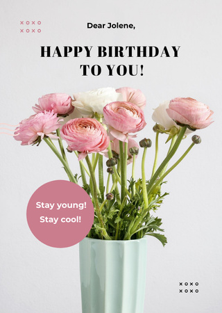 Birthday Greeting with Pink Flowers In Vases Postcard A6 Vertical Design Template