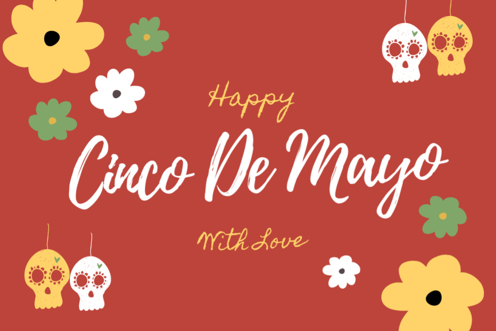 Cinco de Mayo Greeting with Skull and Flowers on Red Postcard 4x6in Design Template