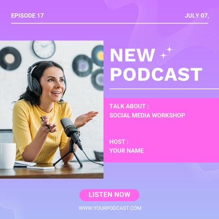 New Podcast about Social Media with Woman in Earphones Instagram Design Template