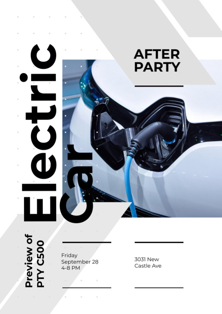 After Party invitation with Charging electric car Flyer A4 Design Template
