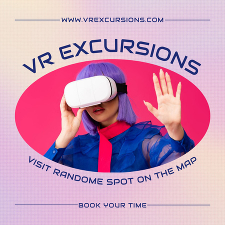 Designvorlage Virtual-Reality-Exkursionsanzeige mit Frau in VR-Brille für Instagram