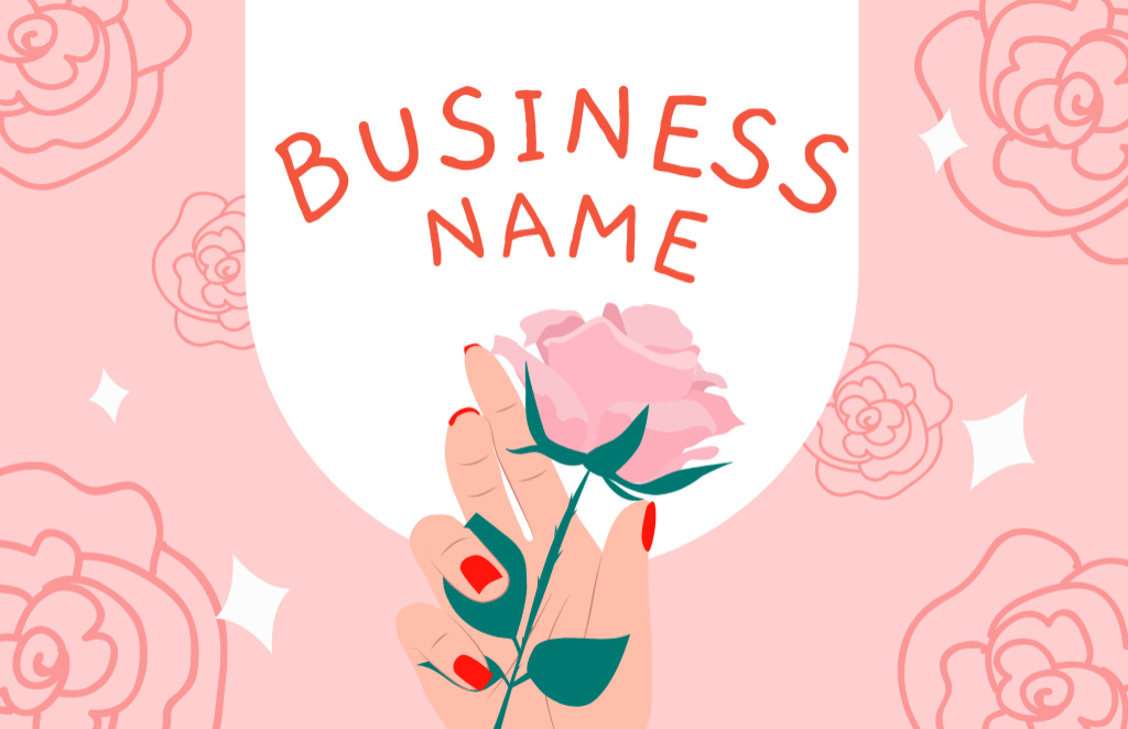 Florist Services Offer with Pink Rose in Hand Business Card 85x55mm Tasarım Şablonu
