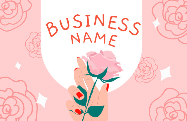 Florist Services Offer with Pink Rose in Hand Business Card 85x55mm tervezősablon