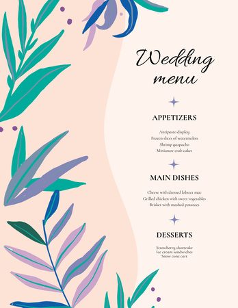 Esküvői élelmiszer lista a háttérben a rajzfilm levelek Menu 8.5x11in tervezősablon
