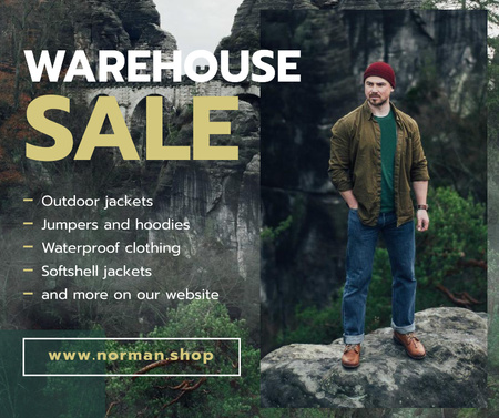 Designvorlage Outdoor Clothes Ad handsome Man on Cliff für Facebook