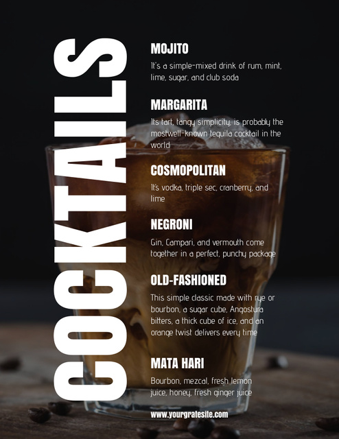 Offer of Stylish Black Cocktails Menu 8.5x11in Design Template