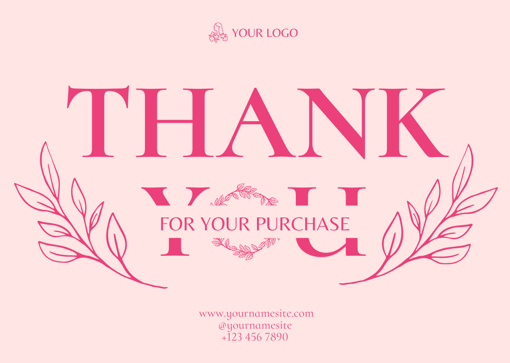 Thank You For Your Purchase Message with Abstract Leaves in Pink Card Design Template