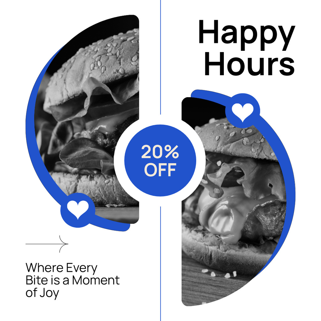 Happy Hours Ad with Offer of Discount on Burger Instagram AD Tasarım Şablonu