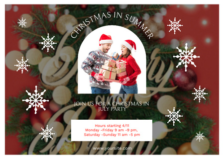 Young Couple in Christmas Hats Holding Presents  Postcard Design Template