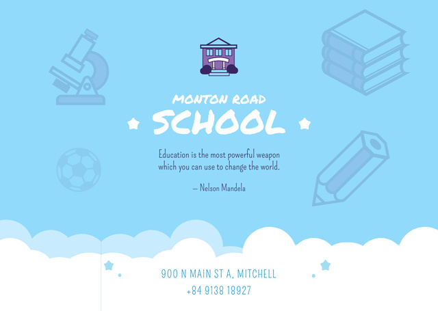 School Advertisement with Studying Icons in Blue Flyer A6 Horizontal Modelo de Design