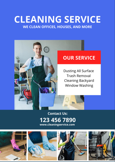 Cleaning Service Offer with Man in Uniform Flyer A6デザインテンプレート