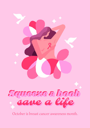 Designvorlage Breast Cancer Awareness with Woman and Symbolic Ribbon für Poster