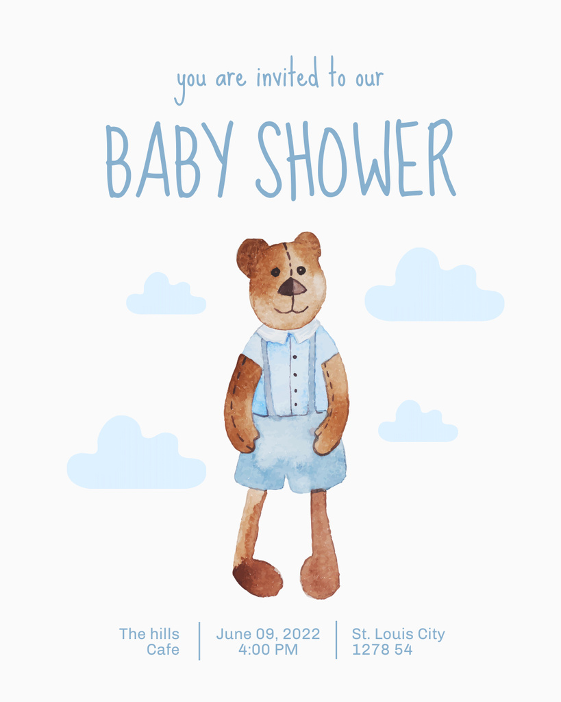 Baby Shower Invitation with Cute Watercolor Teddy-Bear Instagram Post Vertical Tasarım Şablonu