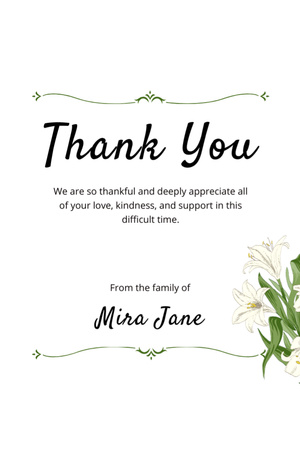 Funeral Thank You Card with White Flowers Bouquet Postcard 4x6in Vertical Design Template