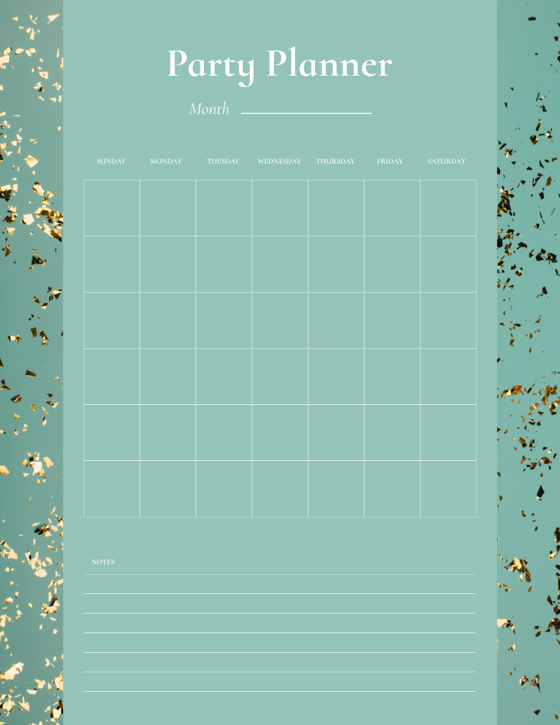 Party Planner with Golden Bright Confetti Notepad 8.5x11in Šablona návrhu