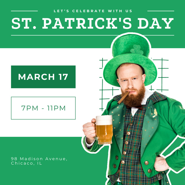 St. Patrick's Day Party Announcement with Man with Glass Instagramデザインテンプレート