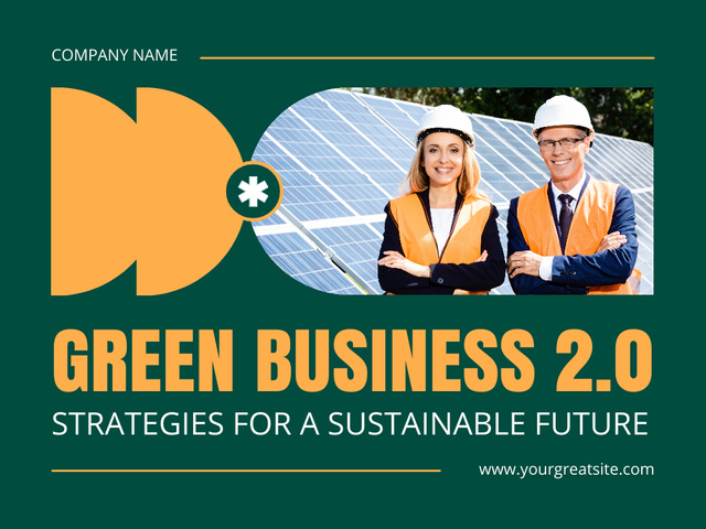 Green Business Strategy Offer with Woman and Man in Hard Hat Presentationデザインテンプレート