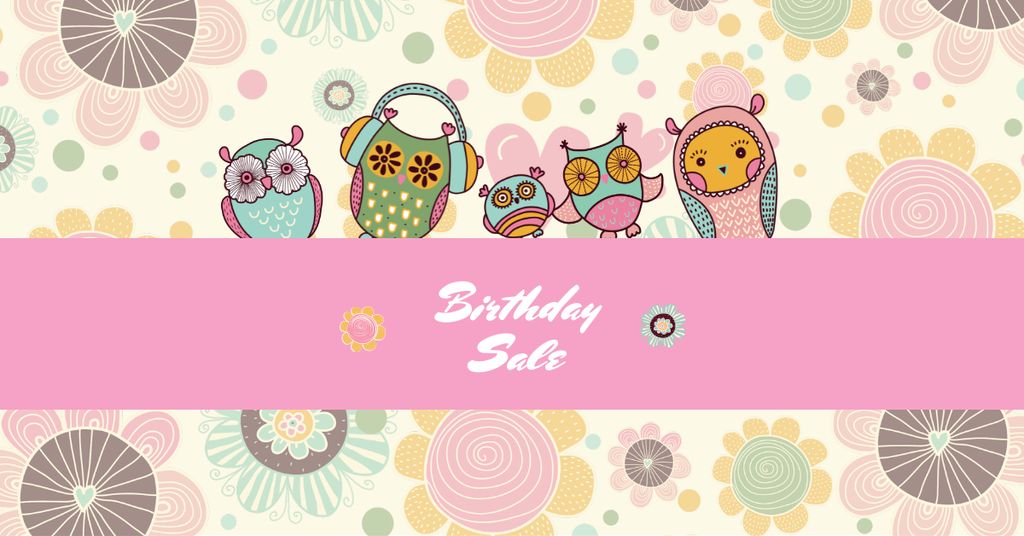 Birthday Sale Offer with Cute Owls Facebook AD Tasarım Şablonu
