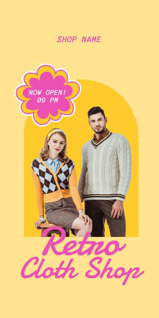 Designvorlage Pre-owned clothes retro shop yellow für Graphic