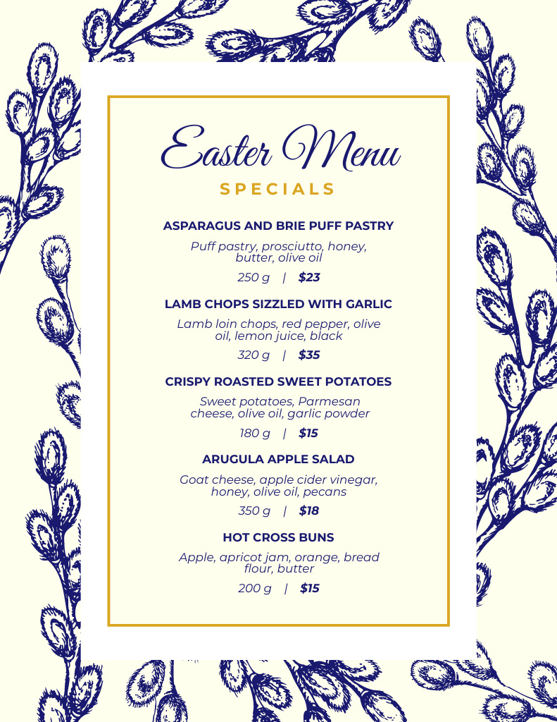 Designvorlage Easter Meals Offer with Blue Sketch of Pussy Willow Twigs für Menu 8.5x11in