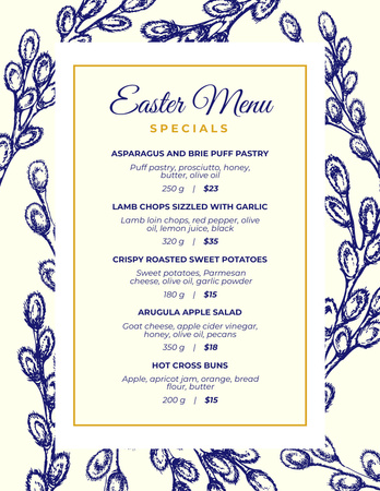 Easter Meals Offer with Blue Sketch of Pussy Willow Twigs Menu 8.5x11in Design Template