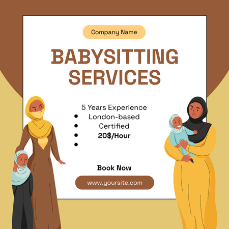 Babysitting Services Ad with Muslim Kids and Nanny Instagram Tasarım Şablonu