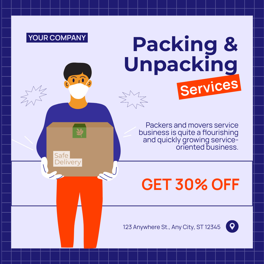 Discount Offer on Packing Services with Courier holding Box Instagram AD Πρότυπο σχεδίασης
