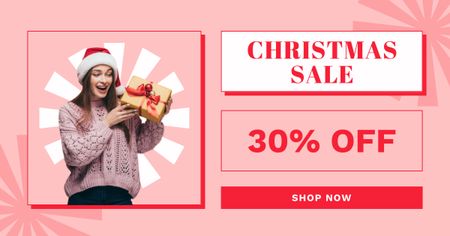 Szablon projektu Woman with Gift on Christmas Sale Pink Facebook AD