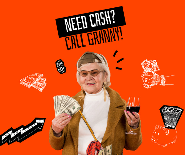 Funny Granny holding Dollars and Wine